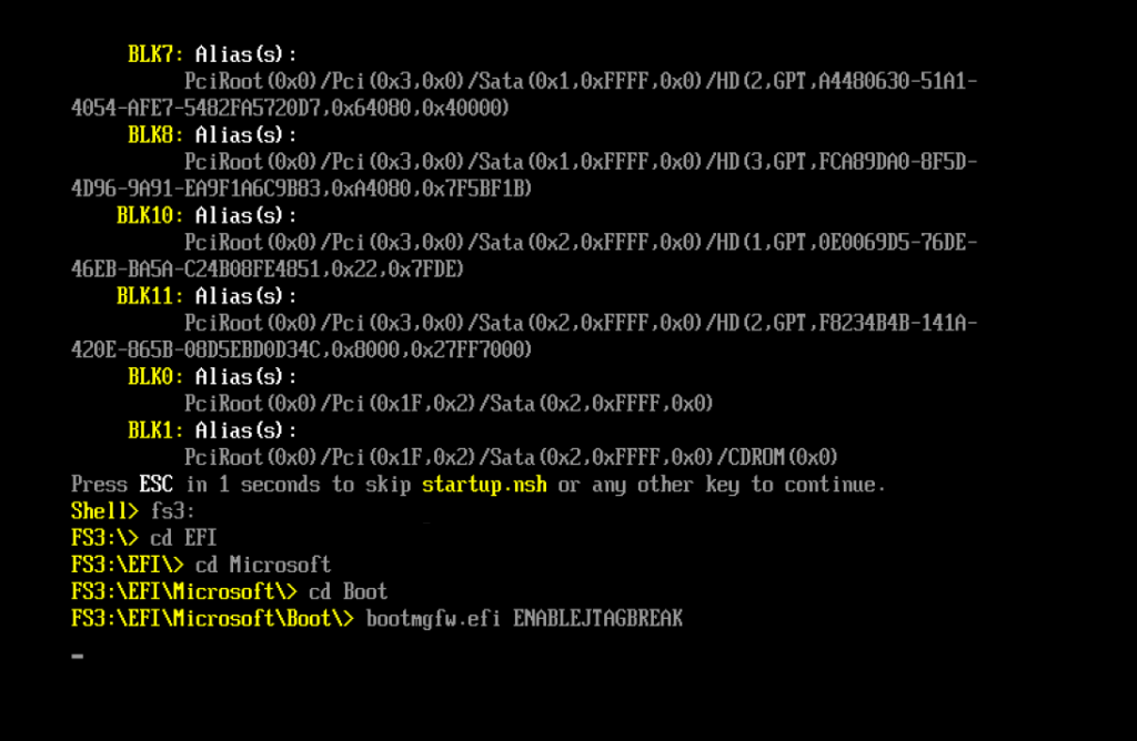 Efi shell launching Bootmgfw with the JTAG break